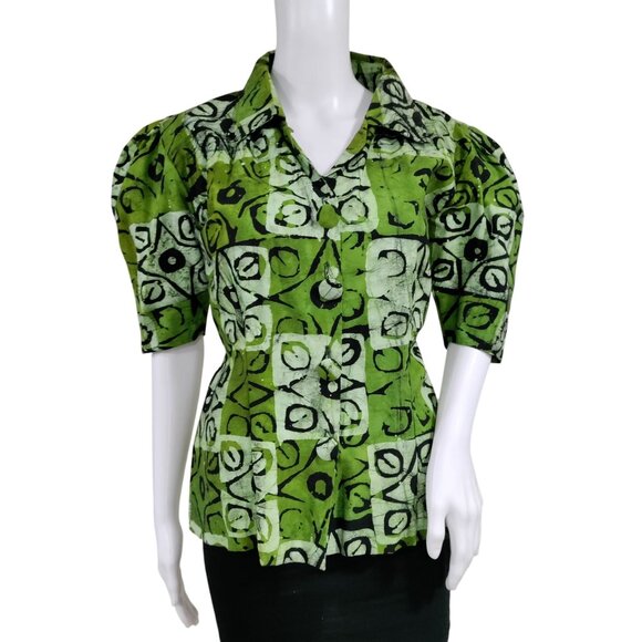 No brand Tops - African Handsewn Print Tribal Cotton Puff Sleeve Office Button-Up Shirt Green S